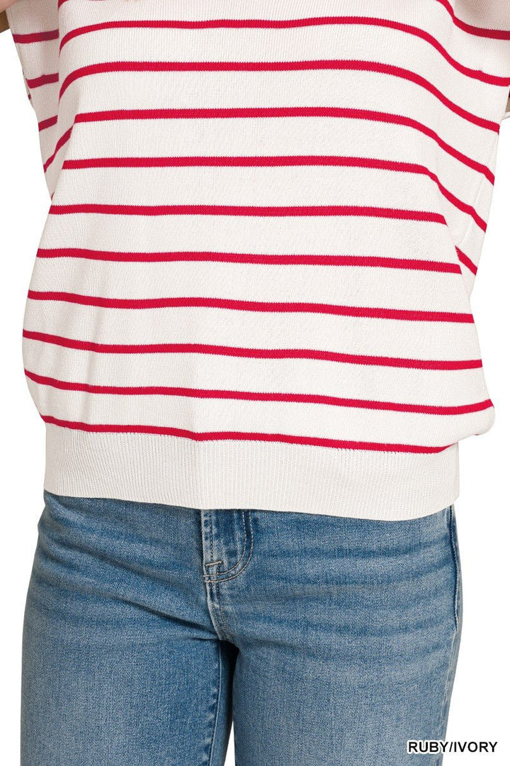 Zenana Viscose Striped Collared Sweater Vest - AMVIM
