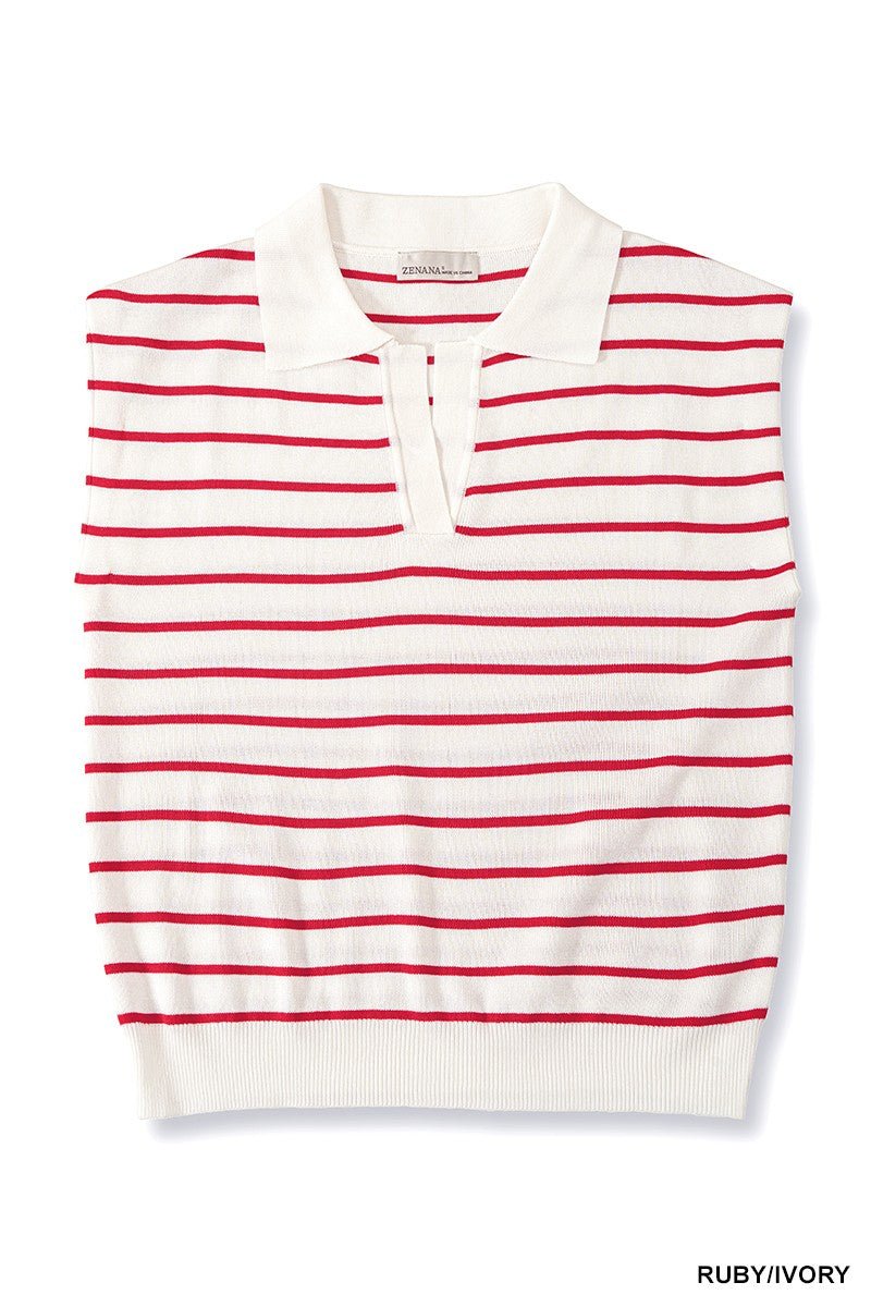 Zenana Viscose Striped Collared Sweater Vest - AMVIM