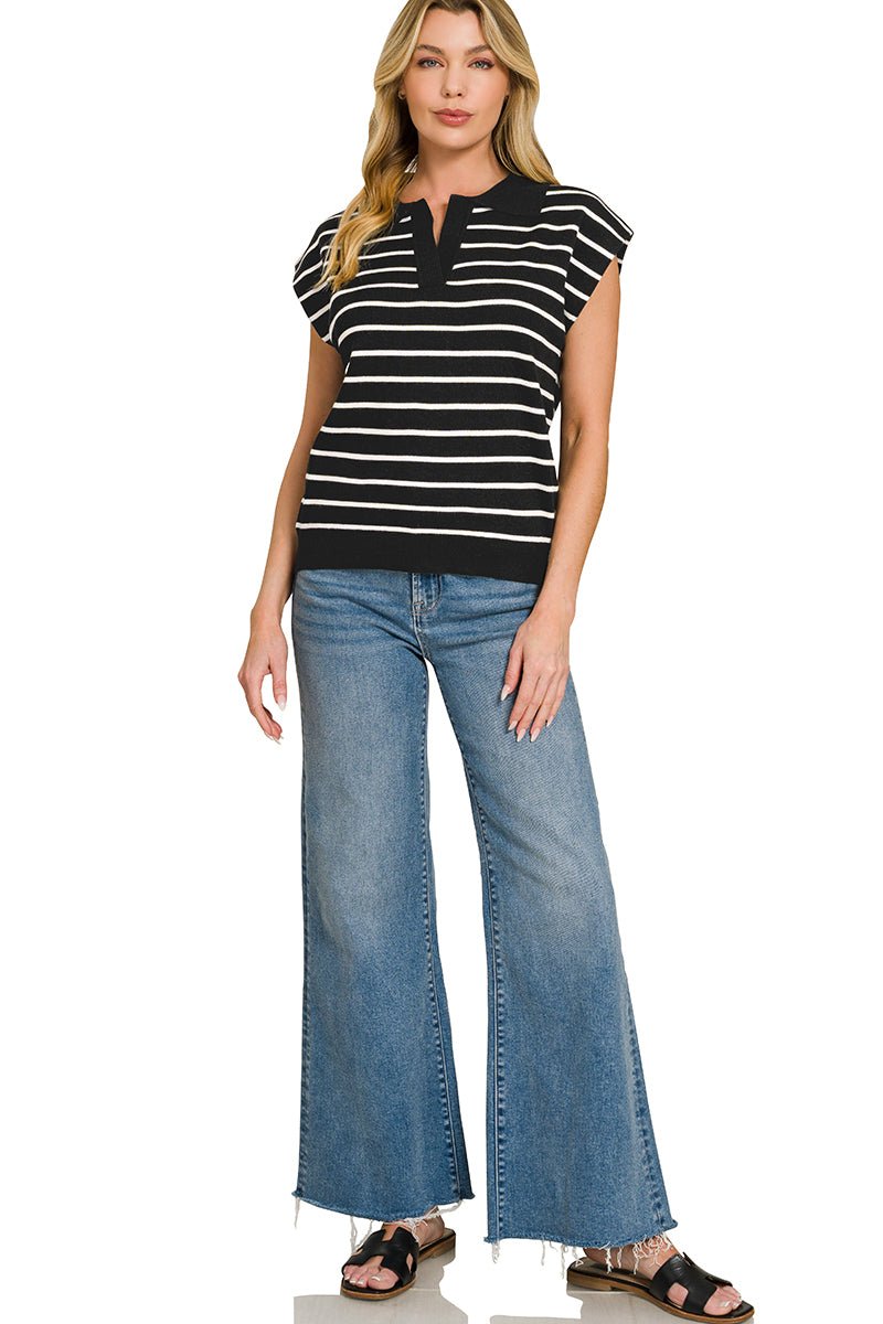 Zenana Viscose Striped Collared Sweater Vest - AMVIM