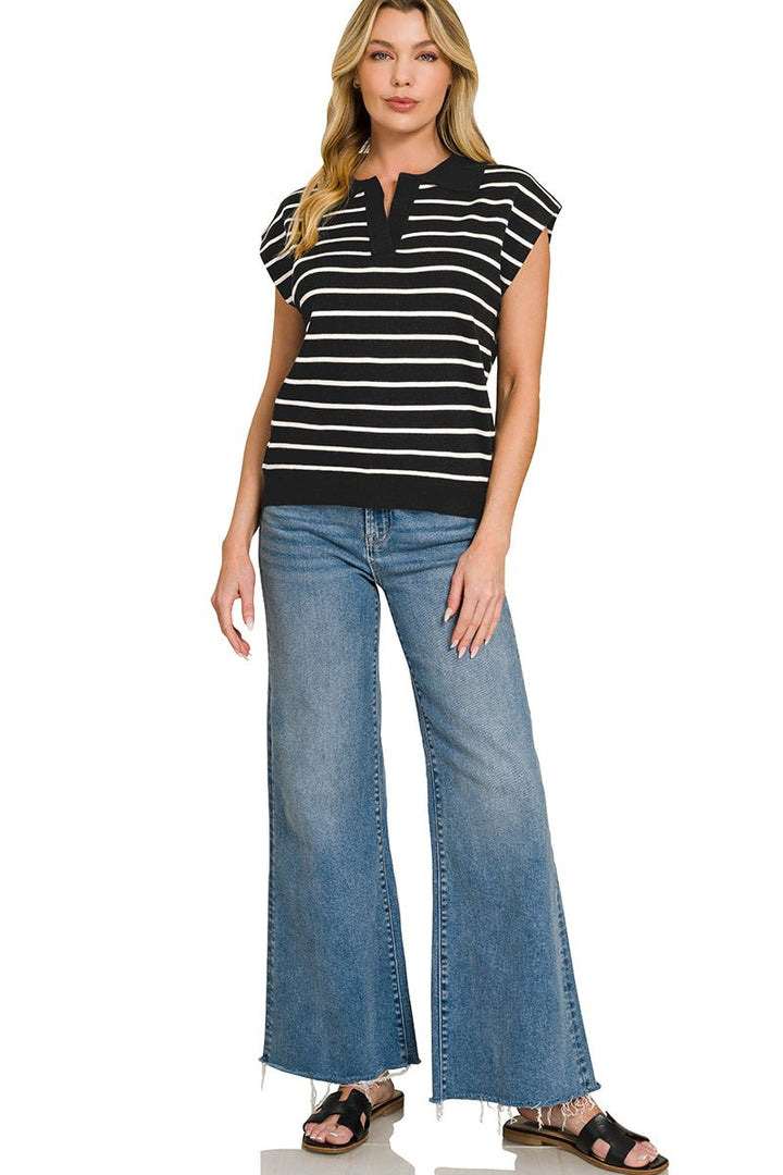 Zenana Viscose Striped Collared Sweater Vest - AMVIM