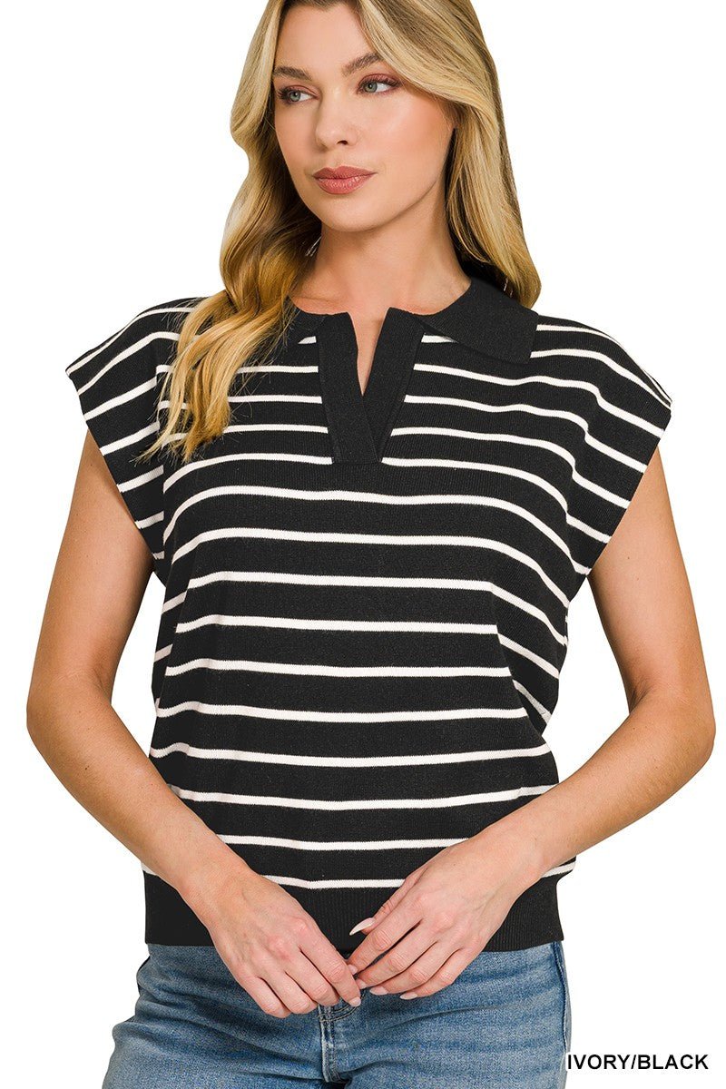 Zenana Viscose Striped Collared Sweater Vest - AMVIM
