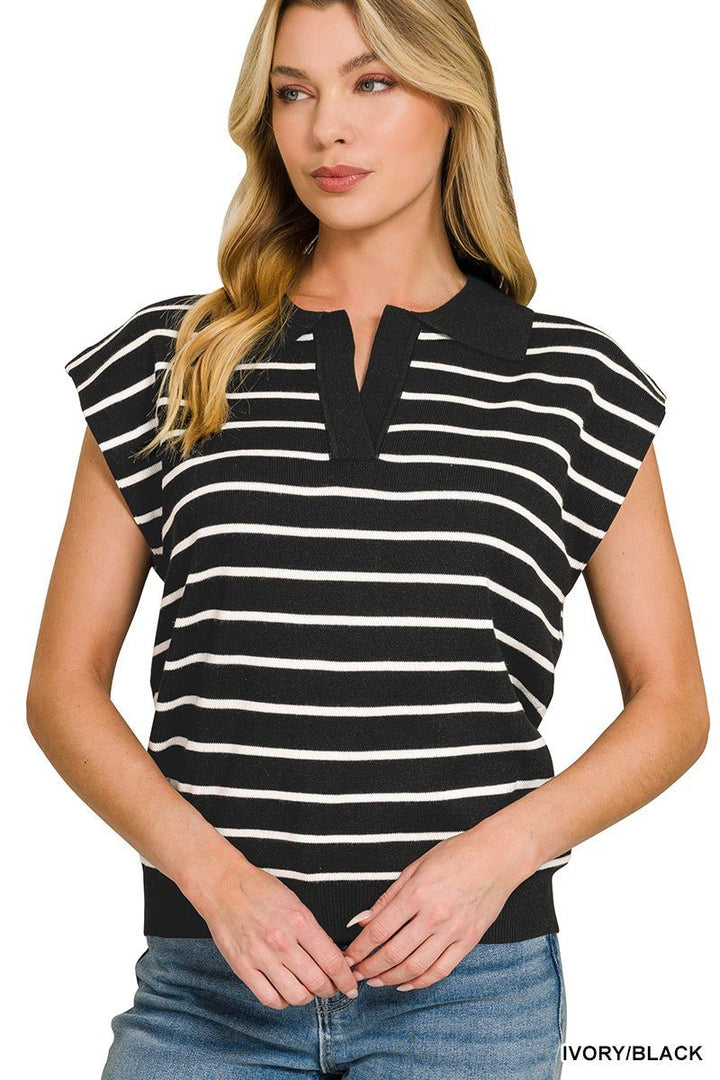 Zenana Viscose Striped Collared Sweater Vest - AMVIM