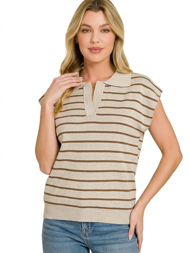 Zenana Viscose Striped Collared Sweater Vest - AMVIM