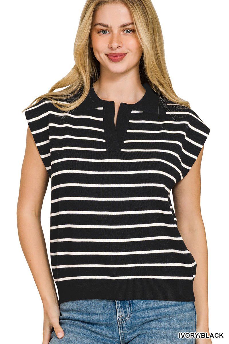 Zenana Viscose Striped Collared Sweater Vest - AMVIM