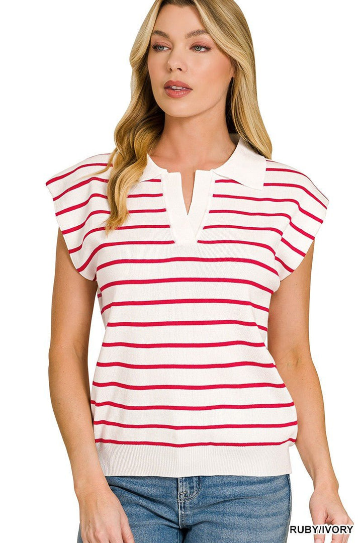 Zenana Viscose Striped Collared Sweater Vest - AMVIM