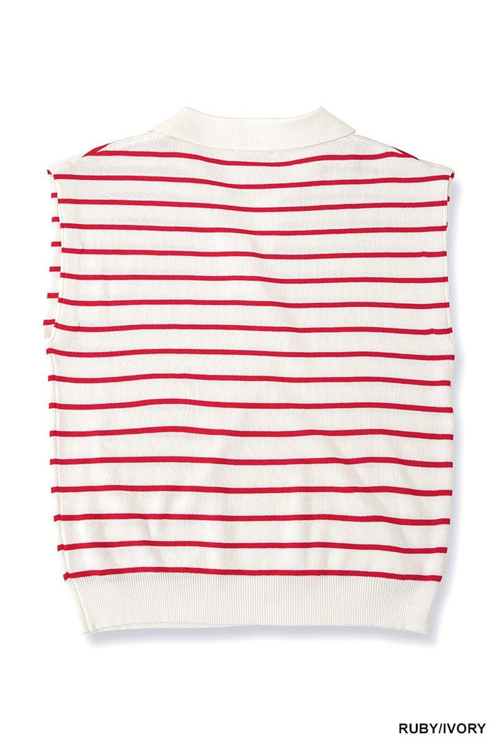 Zenana Viscose Striped Collared Sweater Vest - AMVIM