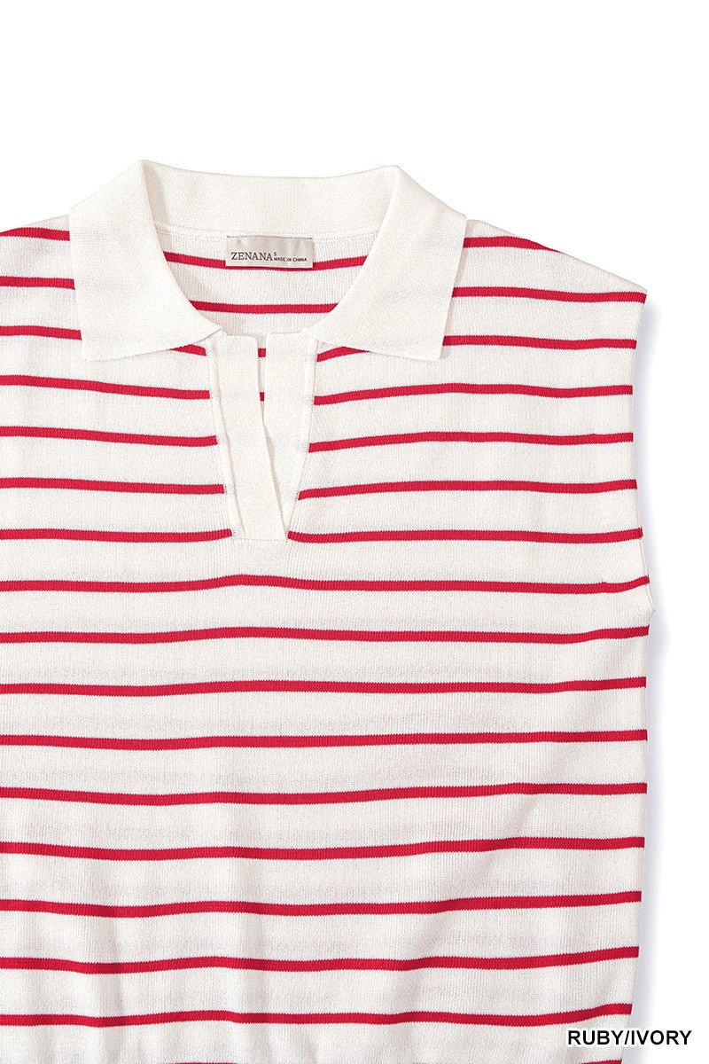 Zenana Viscose Striped Collared Sweater Vest - AMVIM