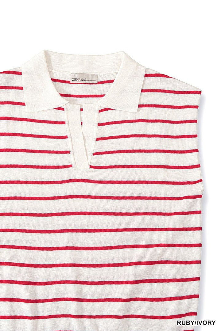 Zenana Viscose Striped Collared Sweater Vest - AMVIM