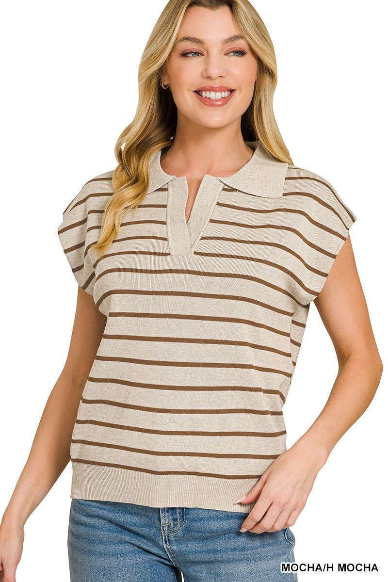 Zenana Viscose Striped Collared Sweater Vest - AMVIM