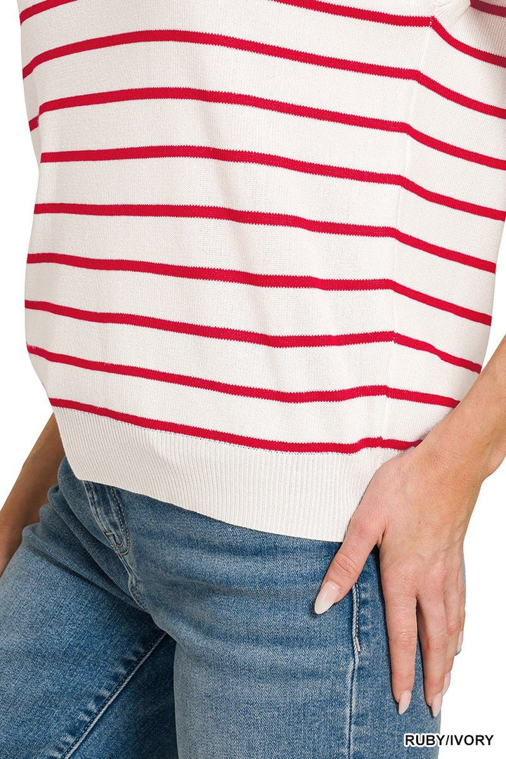 Zenana Viscose Striped Collared Sweater Vest - AMVIM