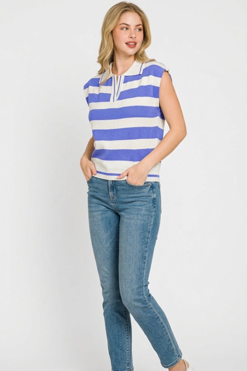 Zenana Viscose Striped Collared Sweater Vest - AMVIM