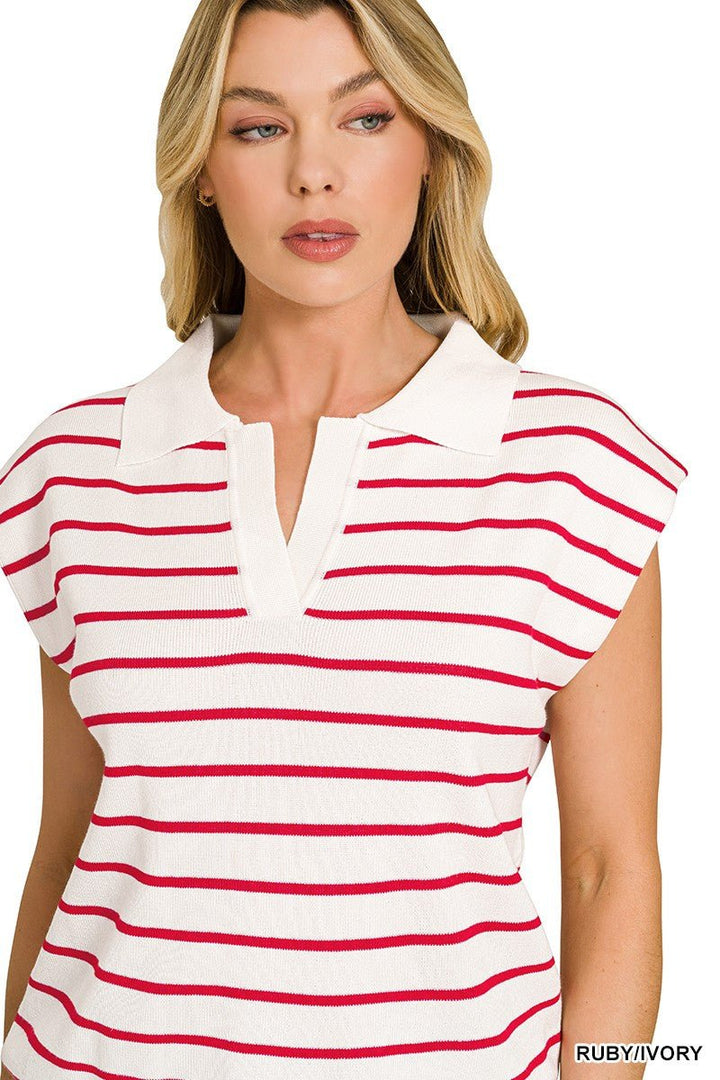 Zenana Viscose Striped Collared Sweater Vest - AMVIM