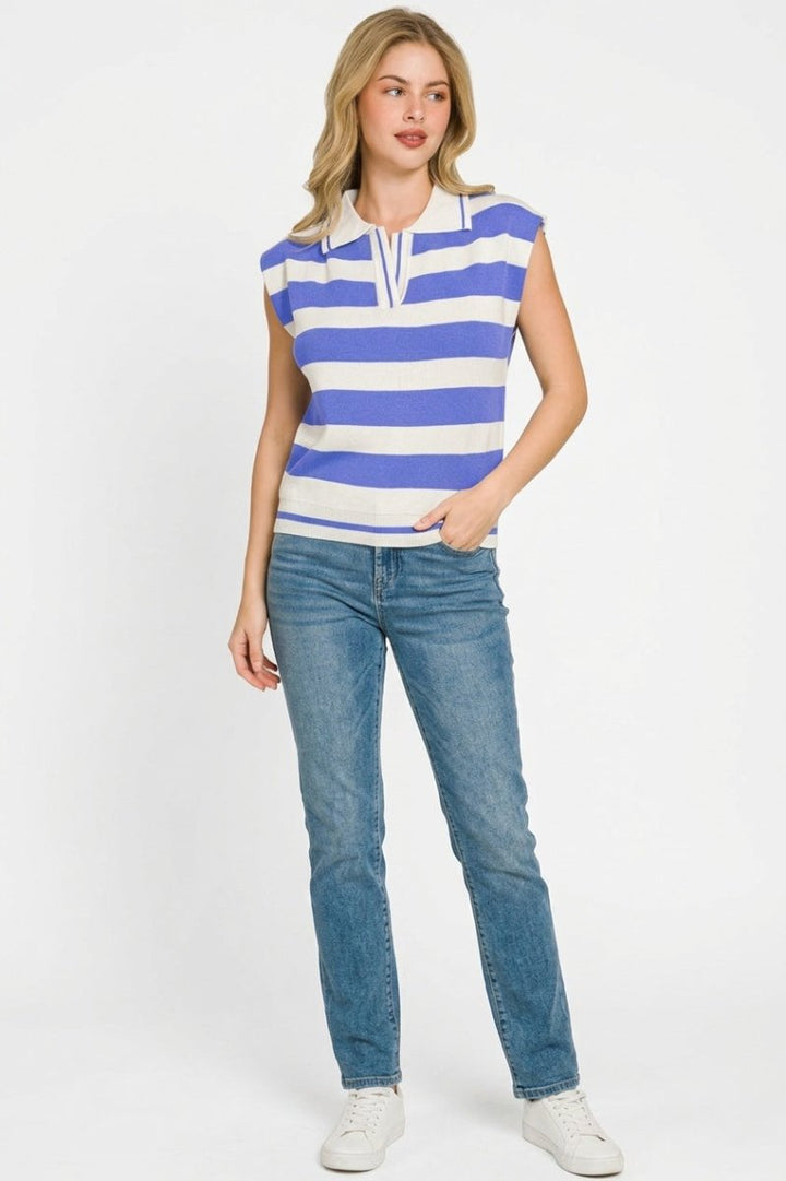 Zenana Viscose Striped Collared Sweater Vest - AMVIM