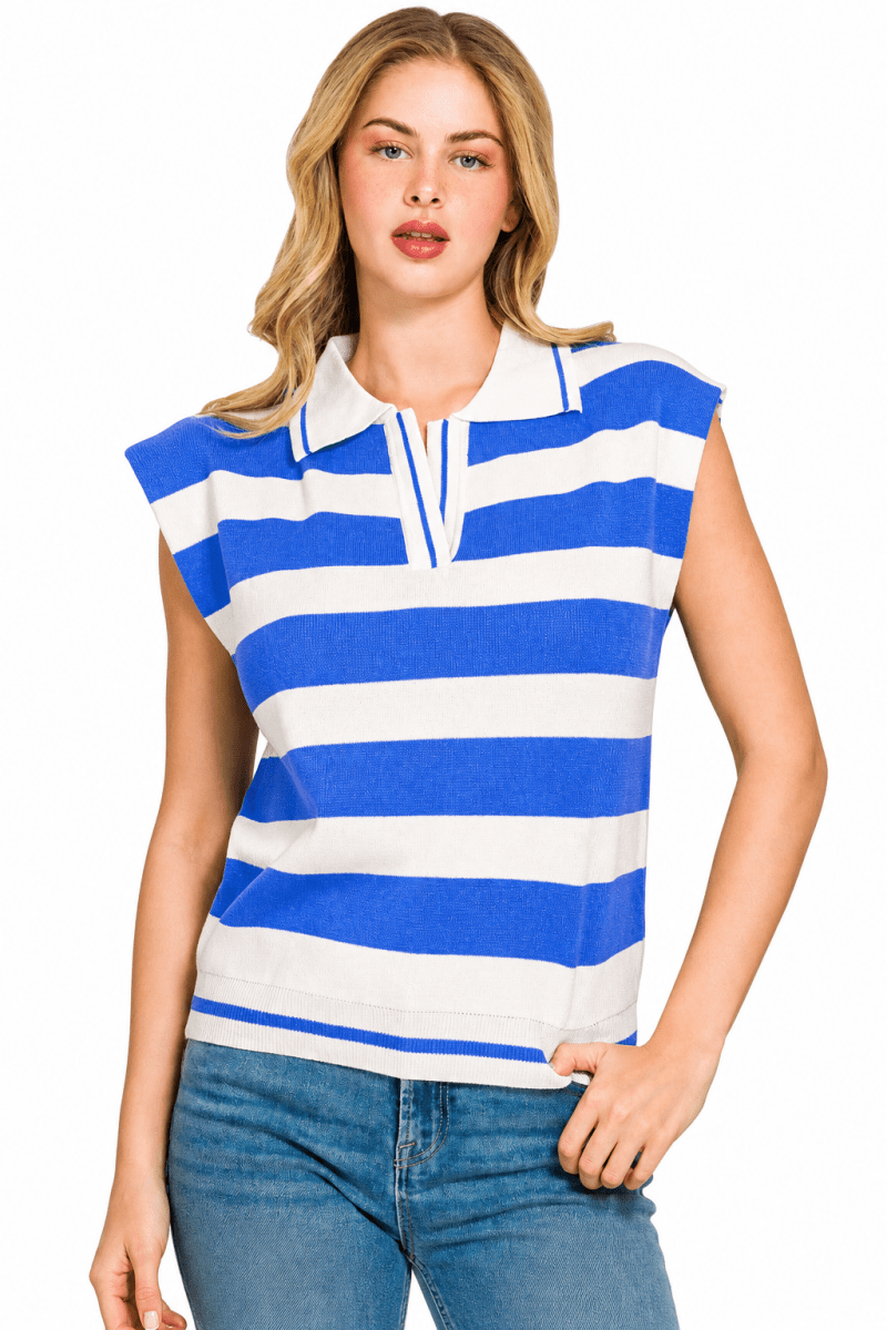 Zenana Viscose Striped Collared Sweater Vest - AMVIM