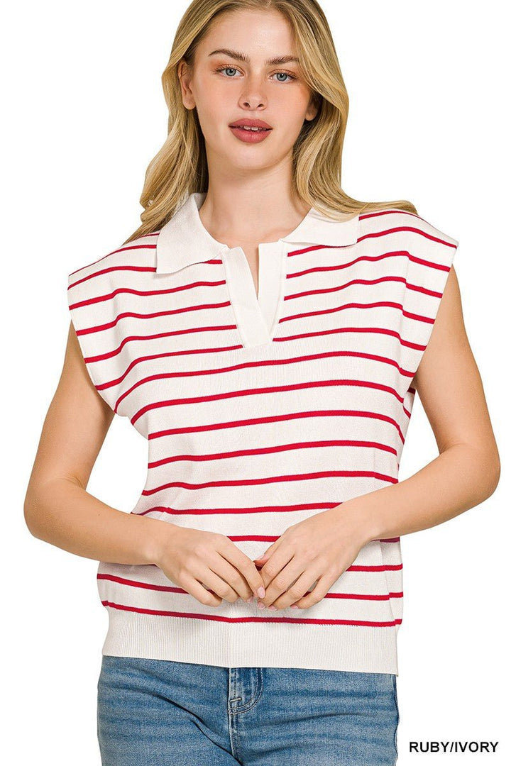 Zenana Viscose Striped Collared Sweater Vest - AMVIM