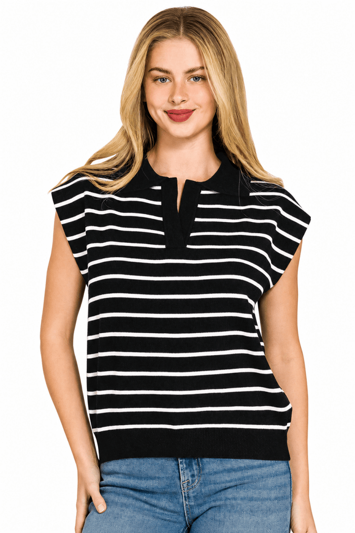 Zenana Viscose Striped Collared Sweater Vest - AMVIM