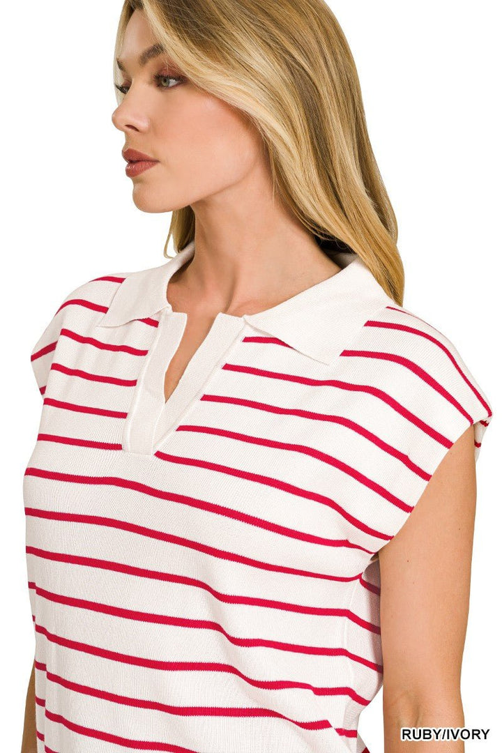 Zenana Viscose Striped Collared Sweater Vest - AMVIM