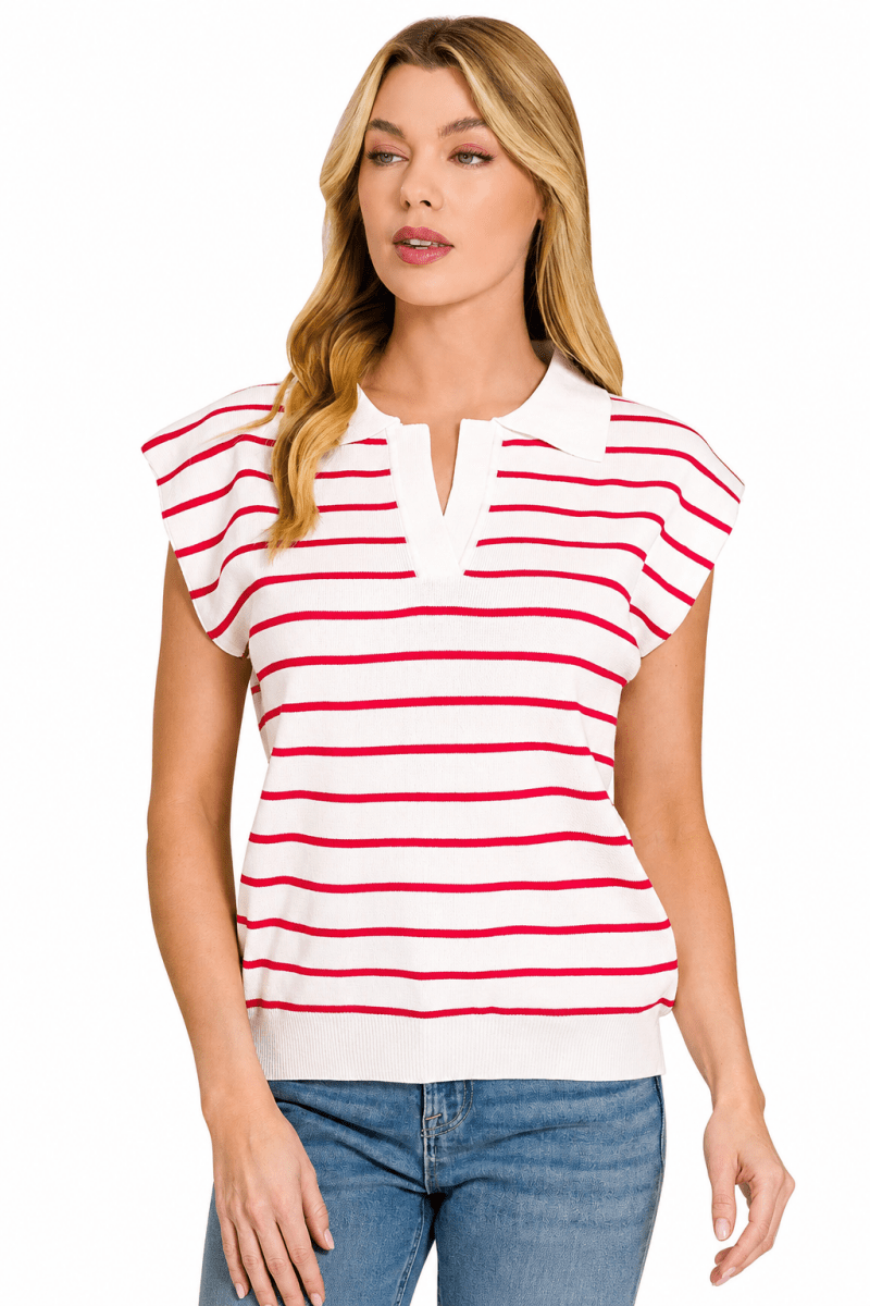 Zenana Viscose Striped Collared Sweater Vest - AMVIM