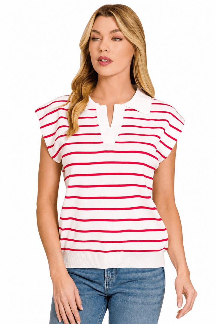 Zenana Viscose Striped Collared Sweater Vest - AMVIM