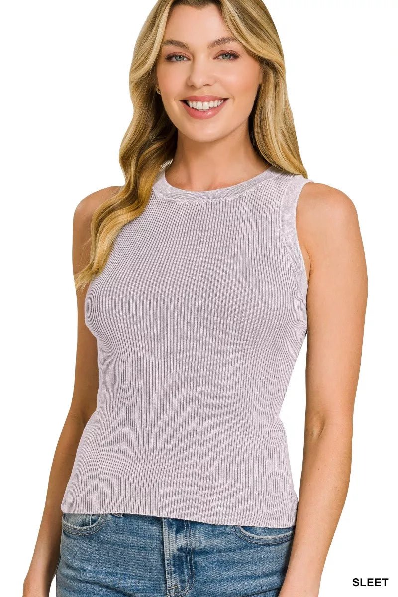 Zenana Washed Ribbed Sweater Tank Top - AMVIM