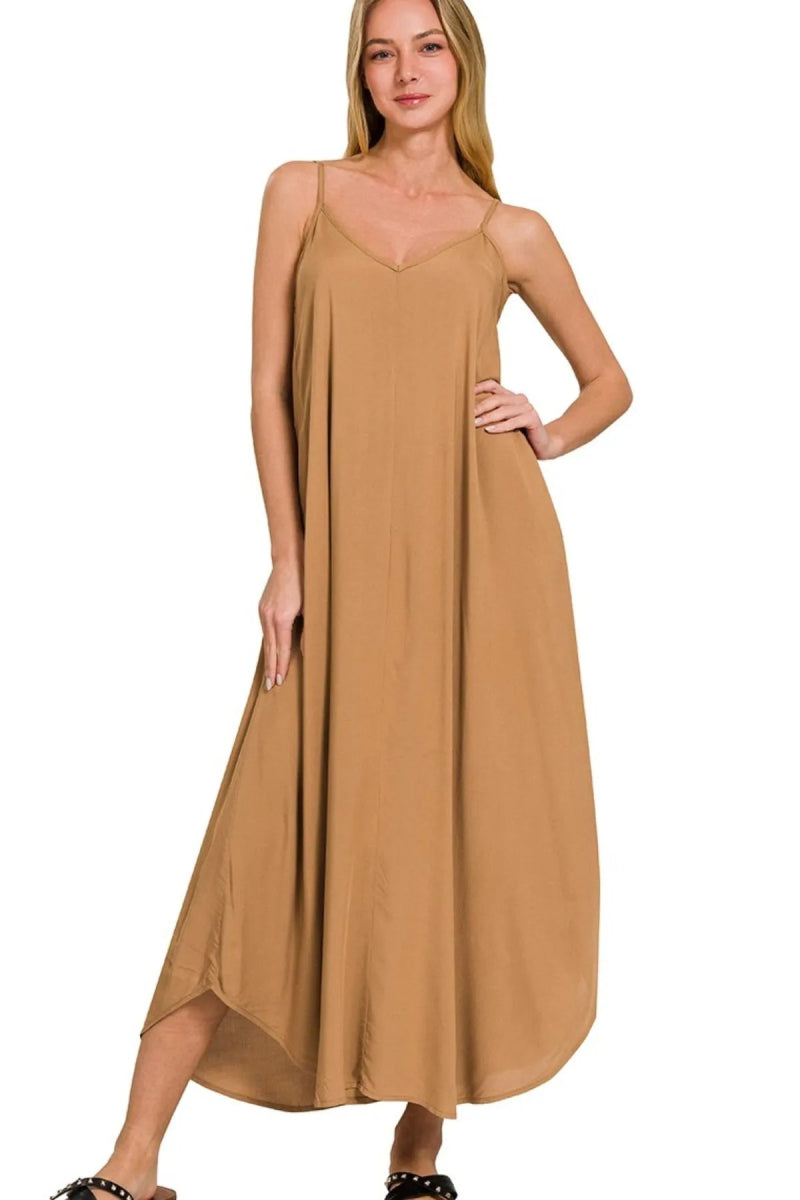 Zenana Woven Arc Hem Cami Dress With Flowy Pockets - AMVIM