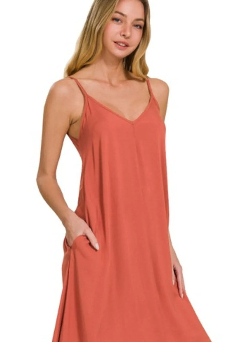 Zenana Woven Arc Hem Cami Midi Dress With Flowy Pockets - AMVIM