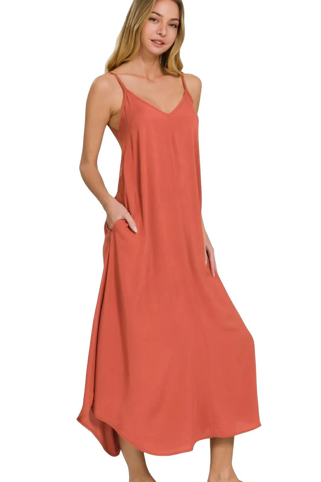 Zenana Woven Arc Hem Cami Midi Dress With Flowy Pockets - AMVIM